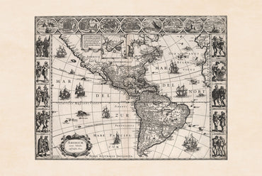 1630 Amerika kaart poster - Americae Nova Tabula met belangrijke steden en culturele kleding