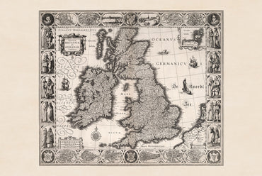 1630 Kaart van de Britse Eilanden - Illustratie van historische steden en traditionele regionale kleding