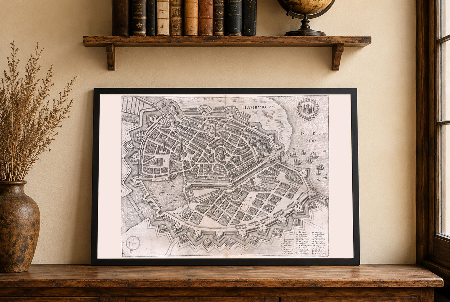 1653 Hamburg Kaart - 17e Eeuw Vogelvlucht Stadszicht met Bastionmuren