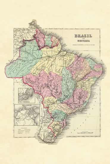 1856 Brazilië en Guayana Kaart Poster - Met de Hand Gekleurde Regio’s met Rio de Janeiro Detail