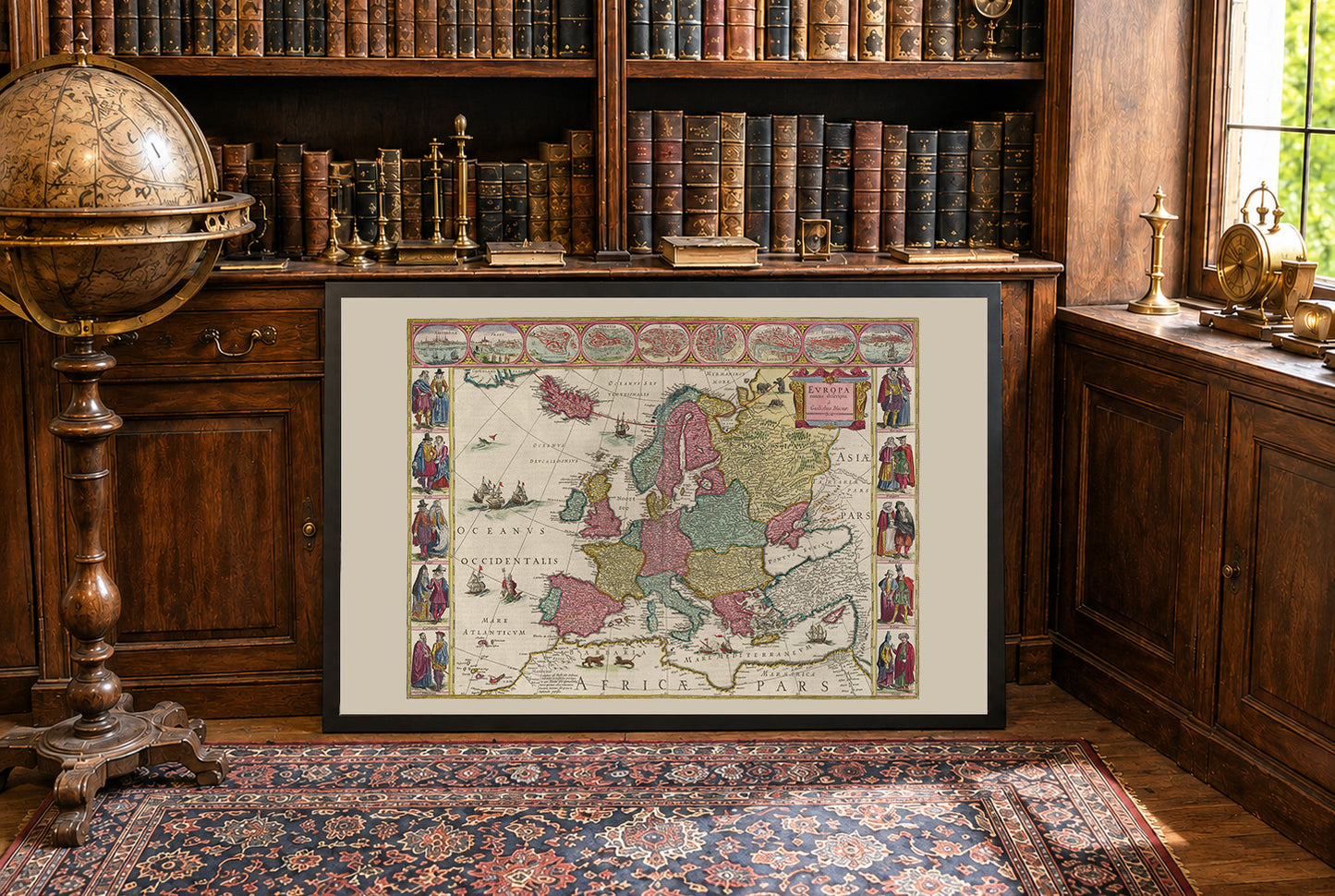 Europa 1665 - Historische kaart met adellijke kostuums en grote steden