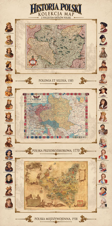 Collectie geschiedenis van Polen - 3 historische kaarten & Poolse heersers - Kaartposter