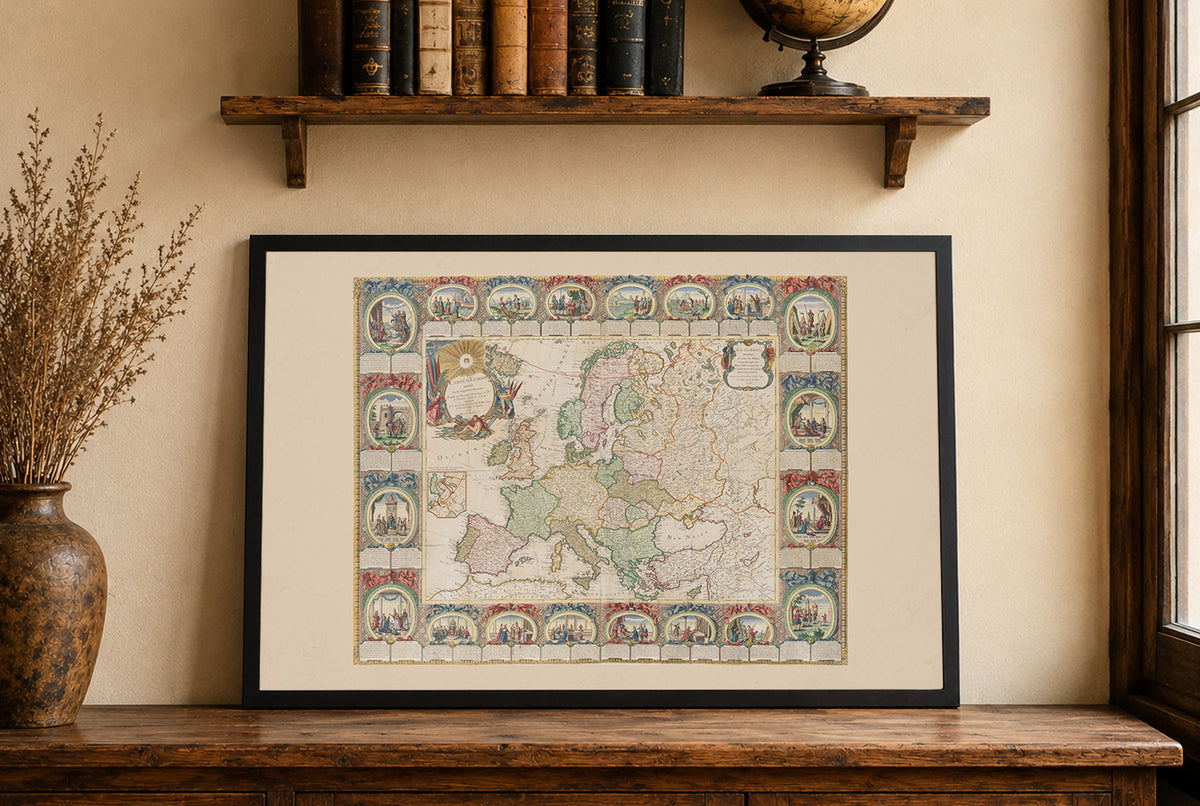 Map of Europe 1776 - 24 Historical Scenes - Jean Baptiste Louis Clouet Historical Map Poster