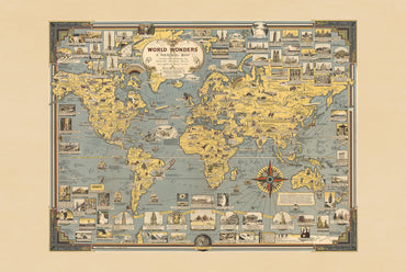 Wereldwonderen Picturale Kaart Poster (1939) - Vintage Wereldse Bezienswaardigheden Muurkunst
