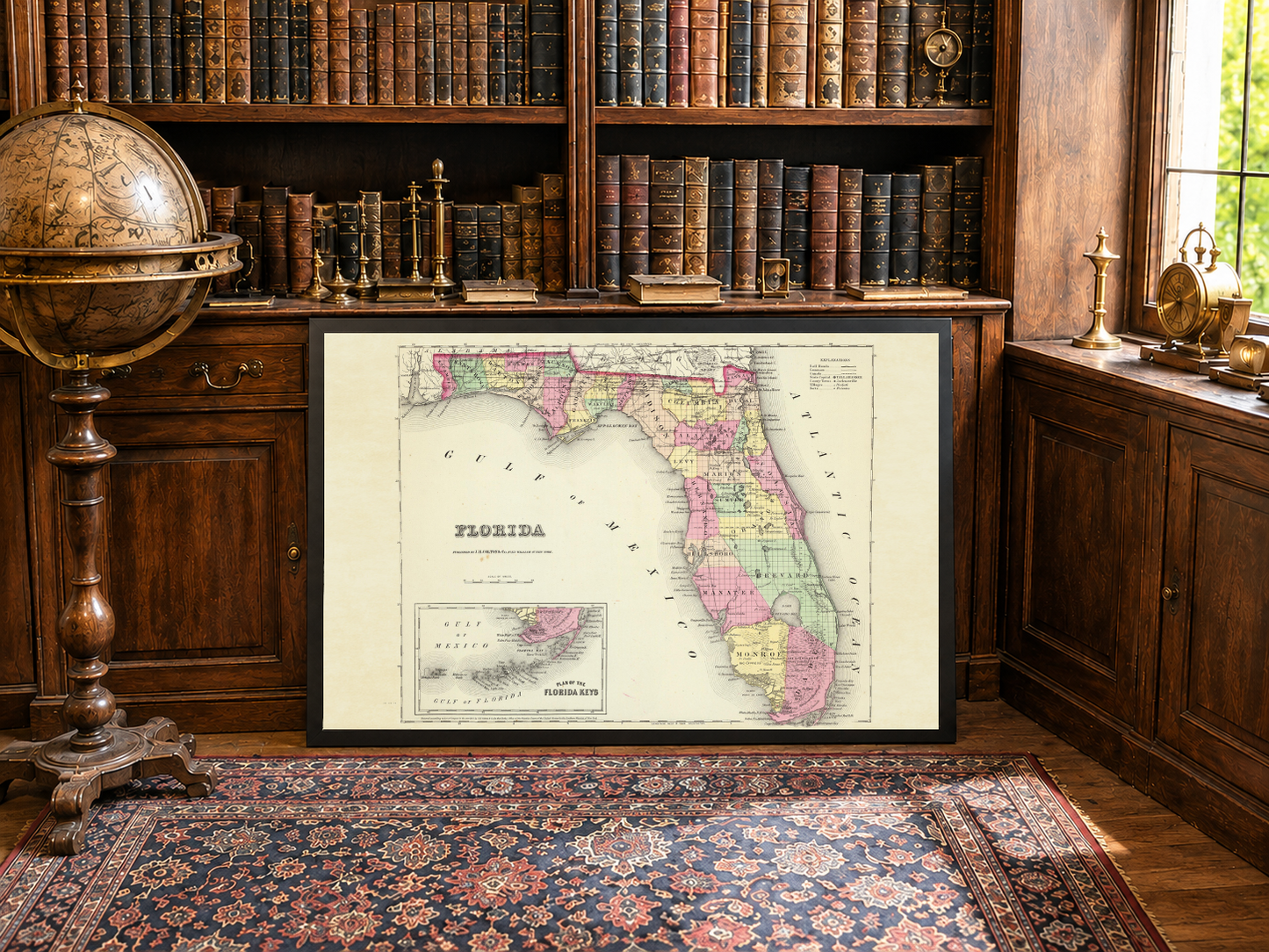 1856 Florida Kaart Poster - Met de Hand Gekleurde County Kaart met Gedetailleerde Grenzen