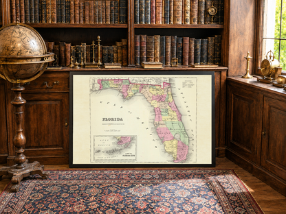 1856 Florida Kaart Poster - Met de Hand Gekleurde County Kaart met Gedetailleerde Grenzen