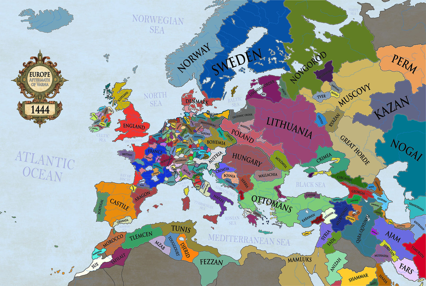 1444 Europa Kaart Print - Post-Varna Middeleeuwse Politieke Kaart