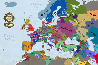 1444 Europa Kaart Print - Post-Varna Middeleeuwse Politieke Kaart