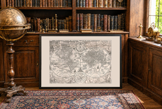 1594 wereldkaart “Orbis Terrarum Typus” - Decoratieve dubbele hemisfeer print