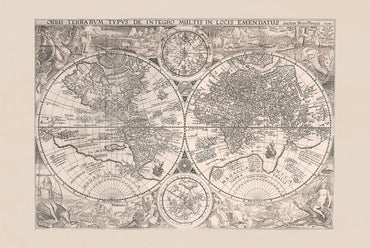 1594 wereldkaart “Orbis Terrarum Typus” - Decoratieve dubbele hemisfeer print