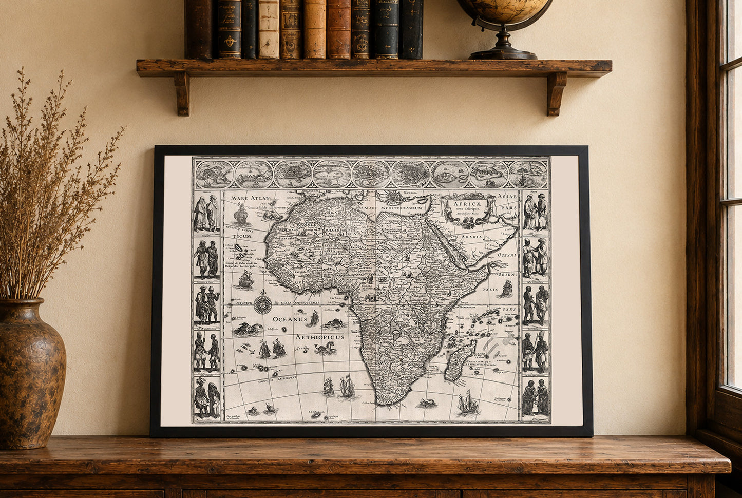 1630 Carte d'Afrique « Africae Nova Descriptio » - Villes principales et gravure de costumes régionaux