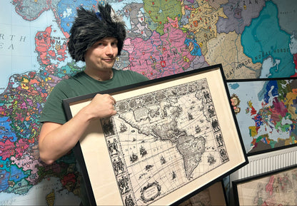 1630 Amerika kaart poster - Americae Nova Tabula met belangrijke steden en culturele kleding