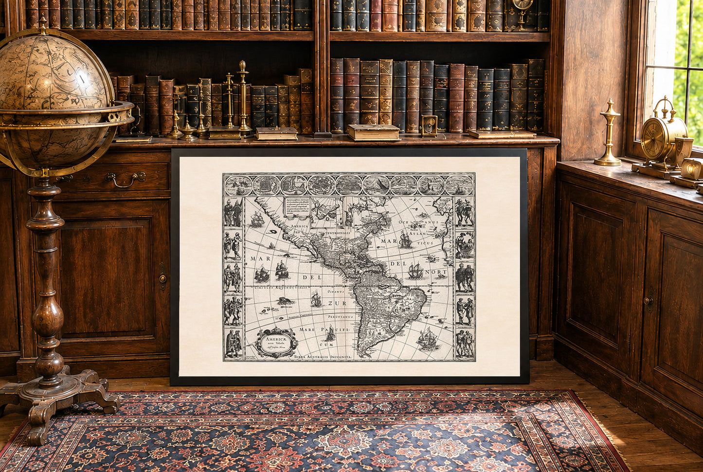 1630 Amerika kaart poster - Americae Nova Tabula met belangrijke steden en culturele kleding