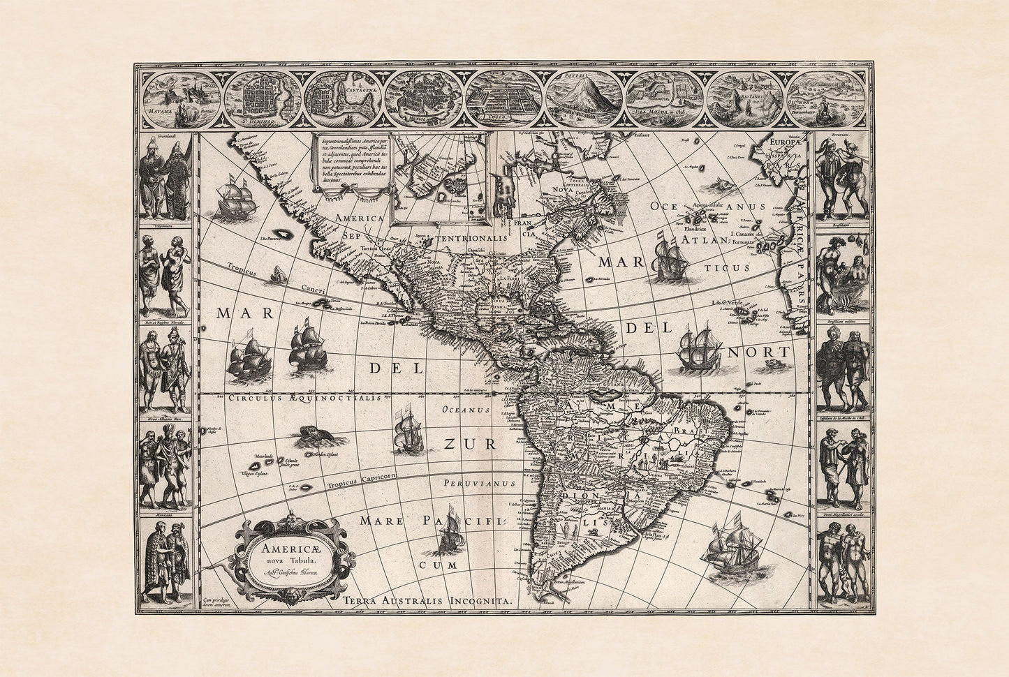 1630 Amerika kaart poster - Americae Nova Tabula met belangrijke steden en culturele kleding
