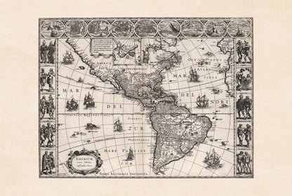 1630 Amerika kaart poster - Americae Nova Tabula met belangrijke steden en culturele kleding