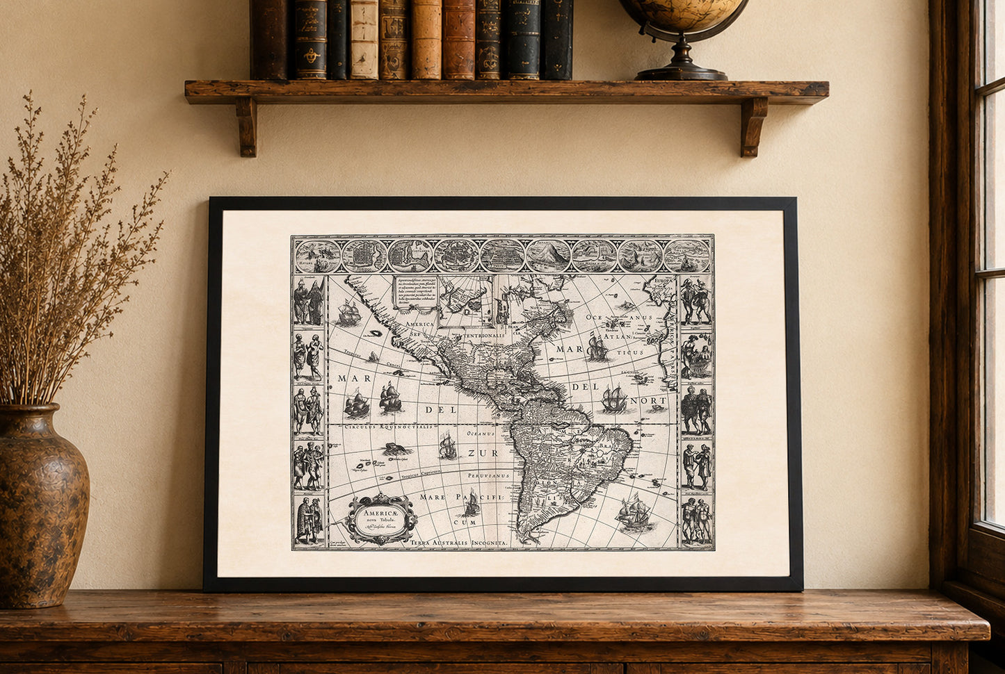 1630 Amerika kaart poster - Americae Nova Tabula met belangrijke steden en culturele kleding