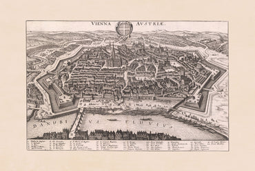 1649 Wenen Kaart Print door Matthäus Merian - Vintage Oostenrijkse Stad Gravure Muurkunst