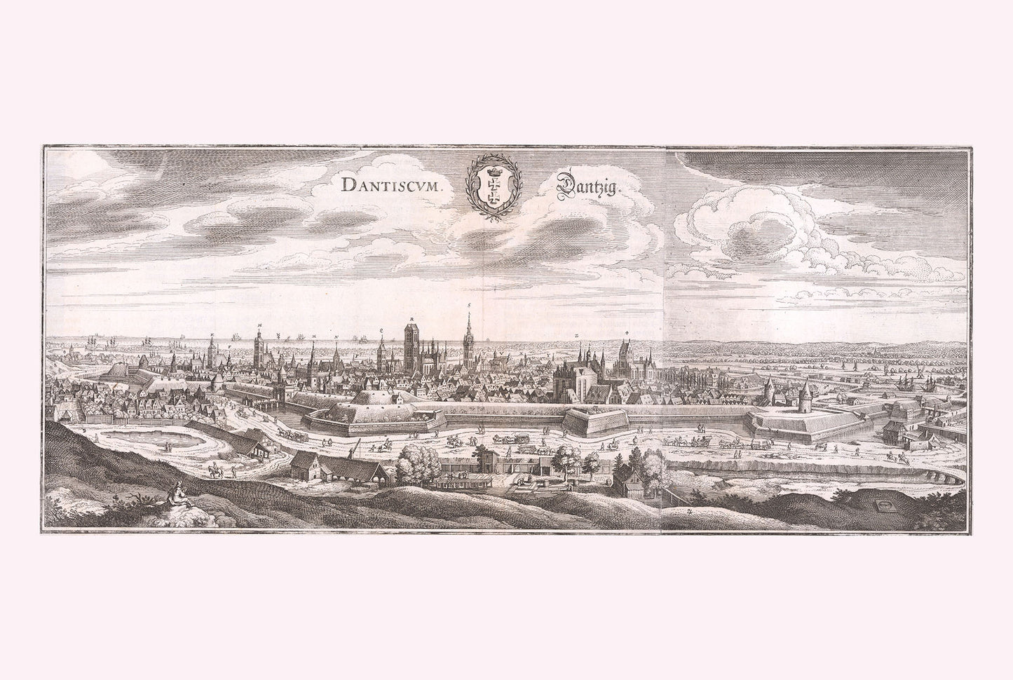 1652 Danzig Kaart Poster - Gdańsk Vogelvlucht Stadsplan met Vestingwerken en Rivier Motława