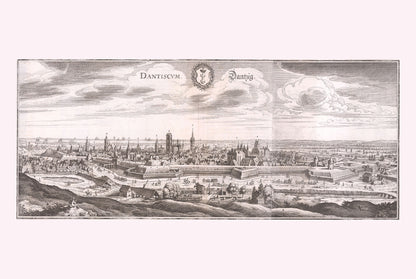 1652 Danzig Kaart Poster - Gdańsk Vogelvlucht Stadsplan met Vestingwerken en Rivier Motława