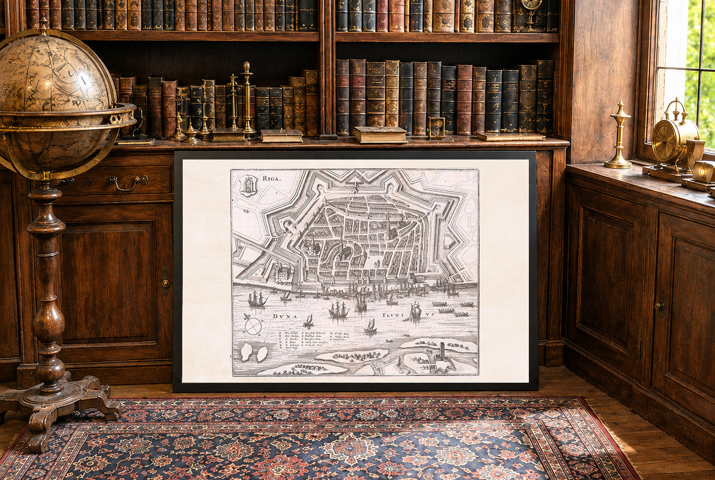 1652 Riga Kaart Poster - Panoramisch Stadsplan met Stervormige Vestingwerken, Haven Schepen en Stedelijke Indeling