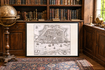 1652 Riga Kaart Poster - Panoramisch Stadsplan met Stervormige Vestingwerken, Haven Schepen en Stedelijke Indeling