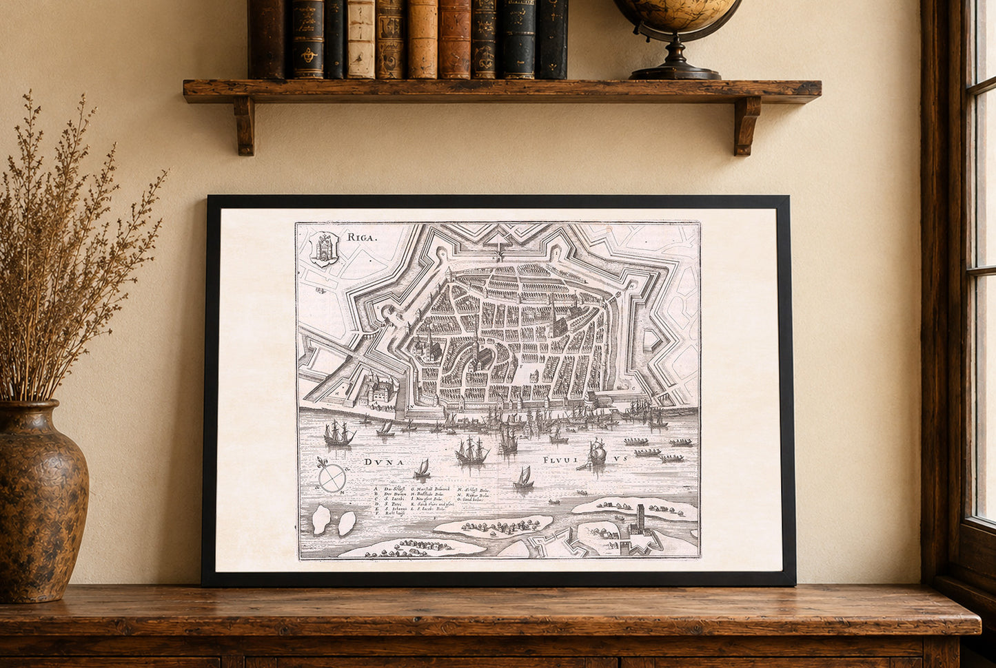 1652 Riga Kaart Poster - Panoramisch Stadsplan met Stervormige Vestingwerken, Haven Schepen en Stedelijke Indeling