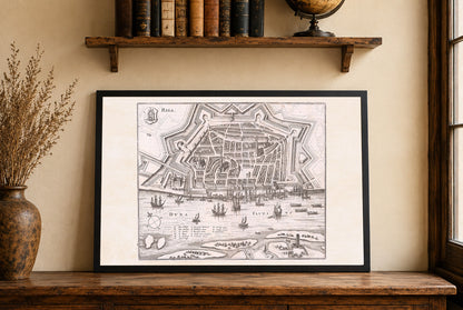1652 Riga Kaart Poster - Panoramisch Stadsplan met Stervormige Vestingwerken, Haven Schepen en Stedelijke Indeling