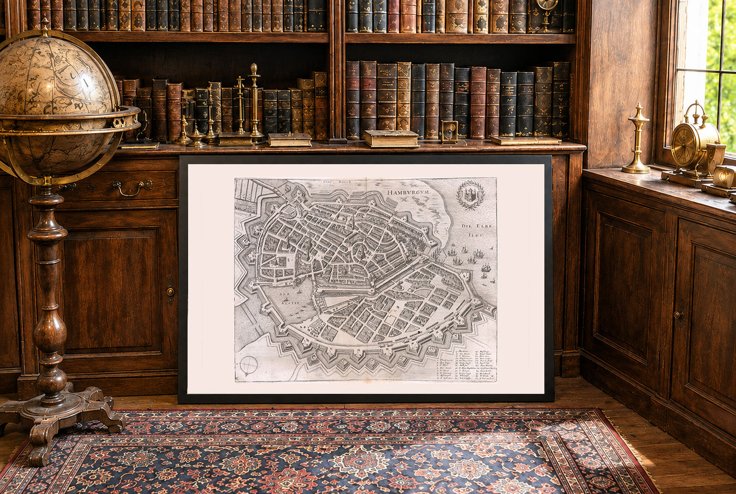 1653 Hamburg Kaart - 17e Eeuw Vogelvlucht Stadszicht met Bastionmuren