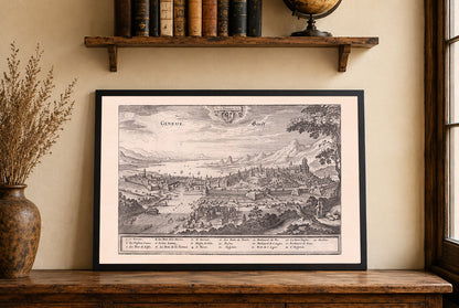 Affiche - Plan de Genève 1654 - Vue panoramique à vol d'oiseau avec le lac Léman et les principaux monuments