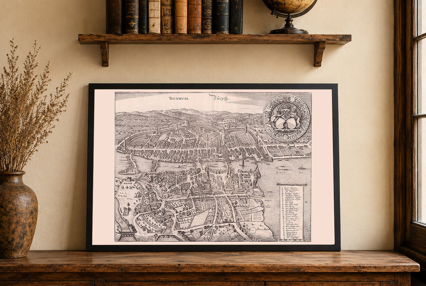 1654 Zürich Kaart Poster - Panoramisch Stadsplan met Limmat Rivier en Meer van Zürich