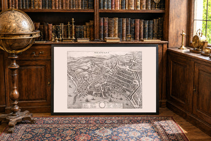 1688 Napels Kaart Poster - Neapolis Kuststad Stadsplan met Haven, Straten en Heuveldetails