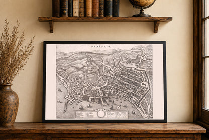 1688 Napels Kaart Poster - Neapolis Kuststad Stadsplan met Haven, Straten en Heuveldetails