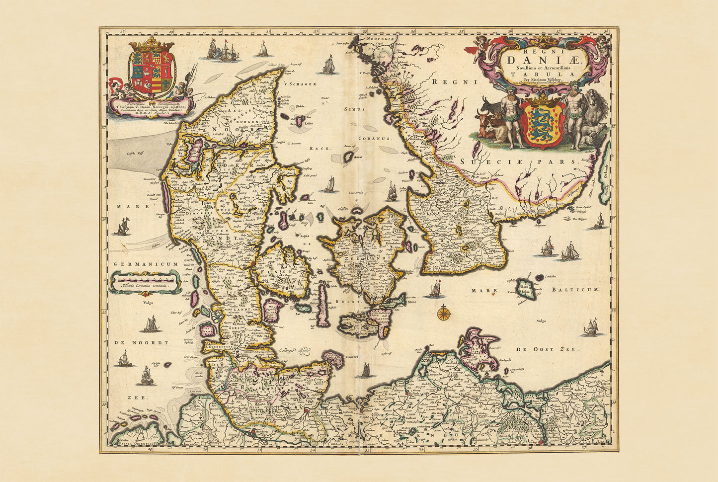 Impression de carte du Danemark de 1690 - Illustration des frontières historiques du Royaume