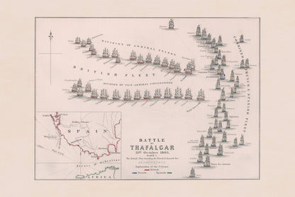 1805 Slag bij Trafalgar Cartografie Afdruk - Historische Marinekaart met Vlootposities