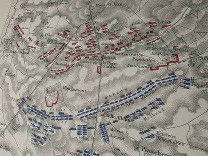 1815 Slag bij Waterloo Cartografie Afdruk - Historisch Militair Plan met Legerformaties