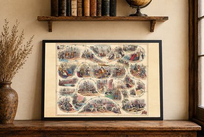 1847 Engelse Geschiedenis Spel Kaart Poster - Geïllustreerd Educatief Bord met Historische Taferelen