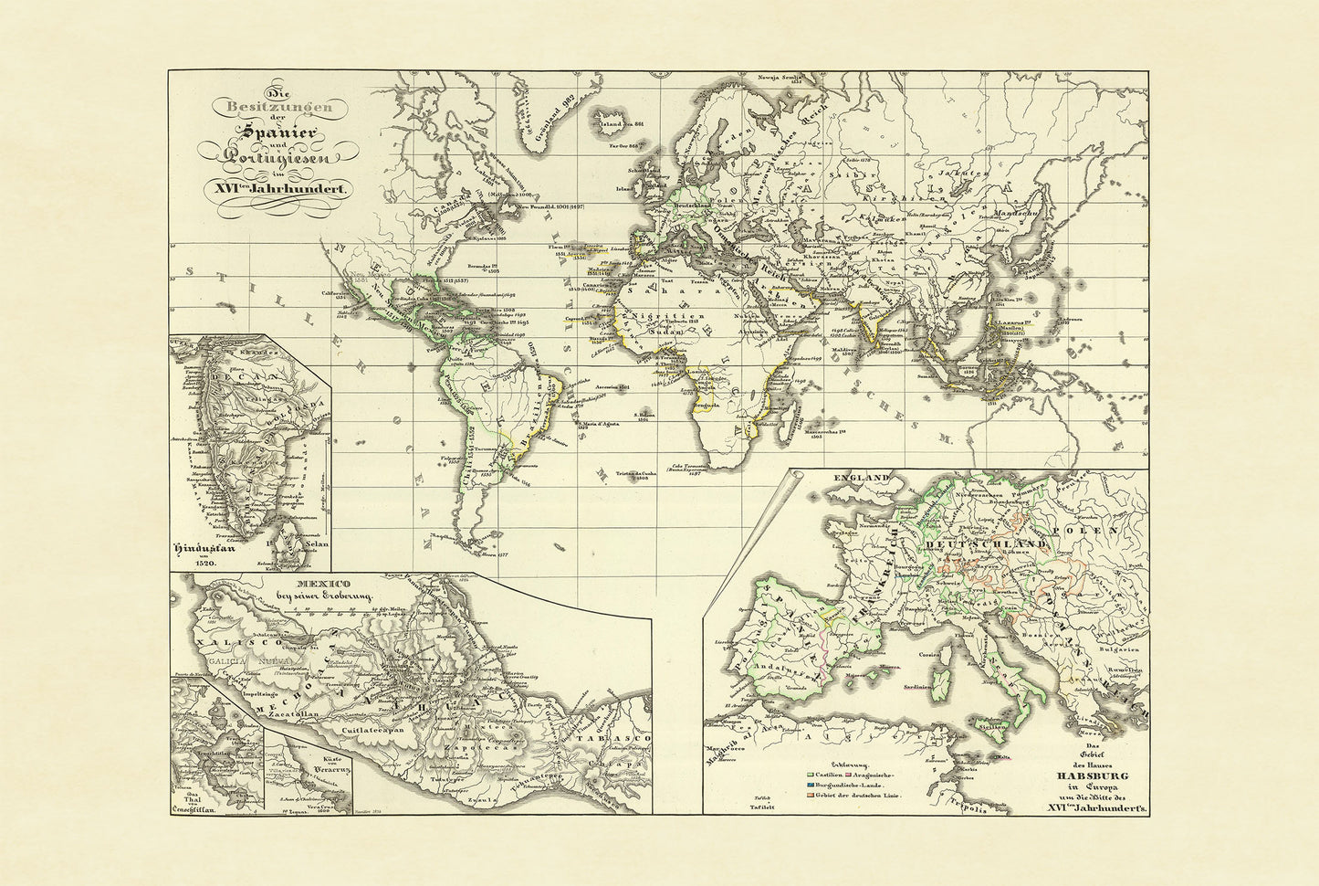 1854 Spaans & Portugees Koloniaal Rijk Kaart - Vintage Historische Atlas Print