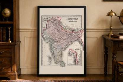 1855 Hindostan cartografie print - Vintage kaart van Brits-Indië