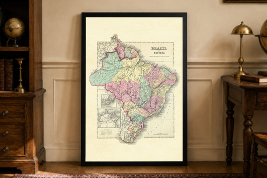 Poster mappa di Brasile e Guayana 1856 - Regioni colorate a mano con dettaglio di Rio de Janeiro