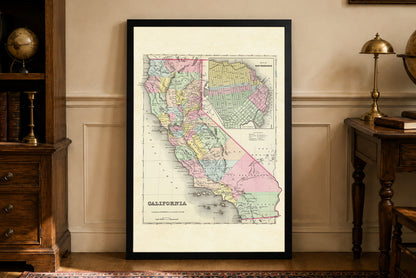 Impression cartographique californienne de 1856 - Carte vintage avec divisions de comté et encart de San Francisco