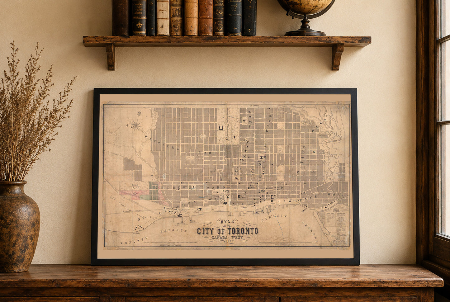 1857 Toronto Kaart Poster - Groot Formaat Stadsplan met Wijkgrenzen, Instellingen en Waterkant