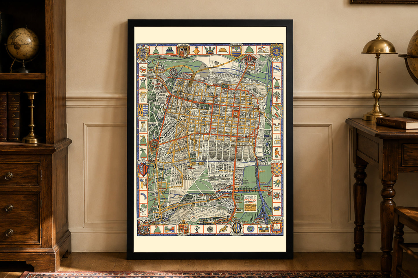1932 Mexico-Stad Kaart Poster - Decoratief Picturaal Plan met Azteekse Symbolen