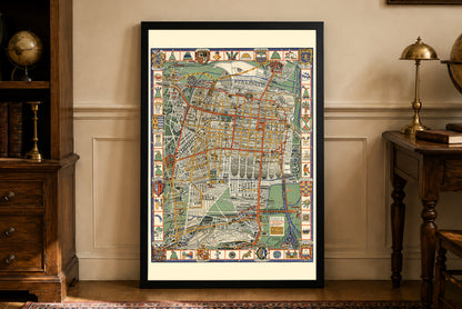 1932 Mexico-Stad Kaart Poster - Decoratief Picturaal Plan met Azteekse Symbolen