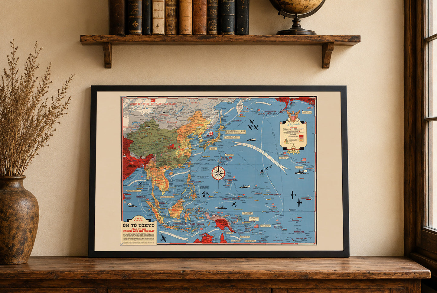1944 Pacific Theater Kaart Poster - Op Naar Tokio Picturale Tweede Wereldoorlog Afdruk van Azië en de Pacific