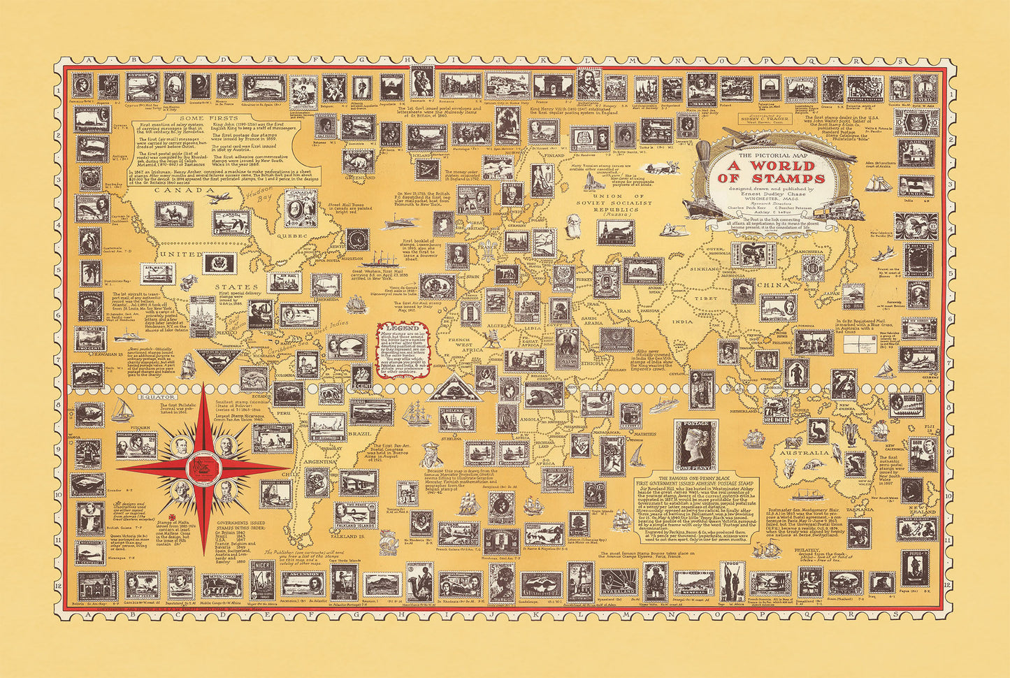 Een Wereld van Postzegels Kaart Poster (1947) - Vintage Filatelie & Postgeschiedenis Muurkunst