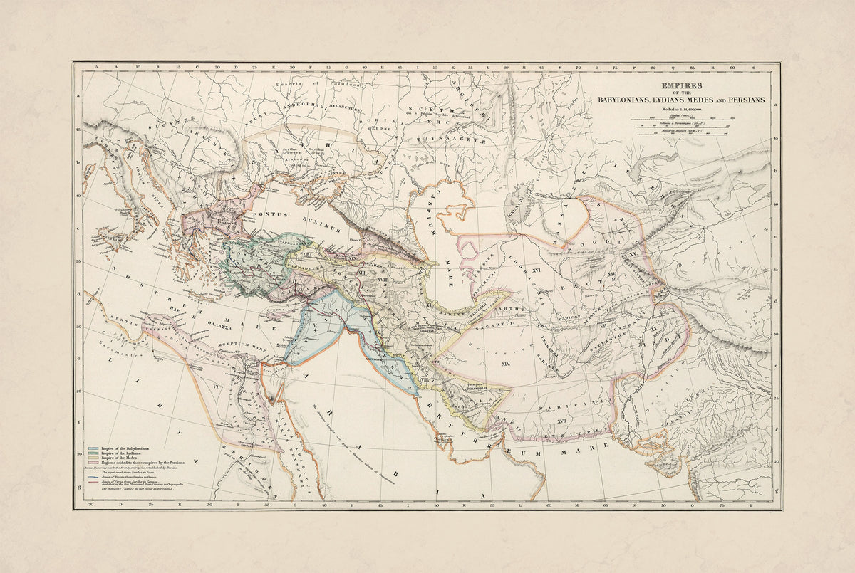 Ancient Empires Map 1873 - Babylonia, Lydia, Media & Persia - Historical Map Poster
