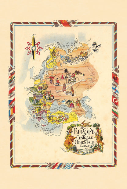 Mapa ilustrowana Europy Środkowej i Wschodniej - zabytkowa mapa obrazkowa z miastami i fauną