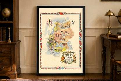 Carte illustrée de l'Europe centrale et orientale - Carte géographique d'époque avec villes et faune