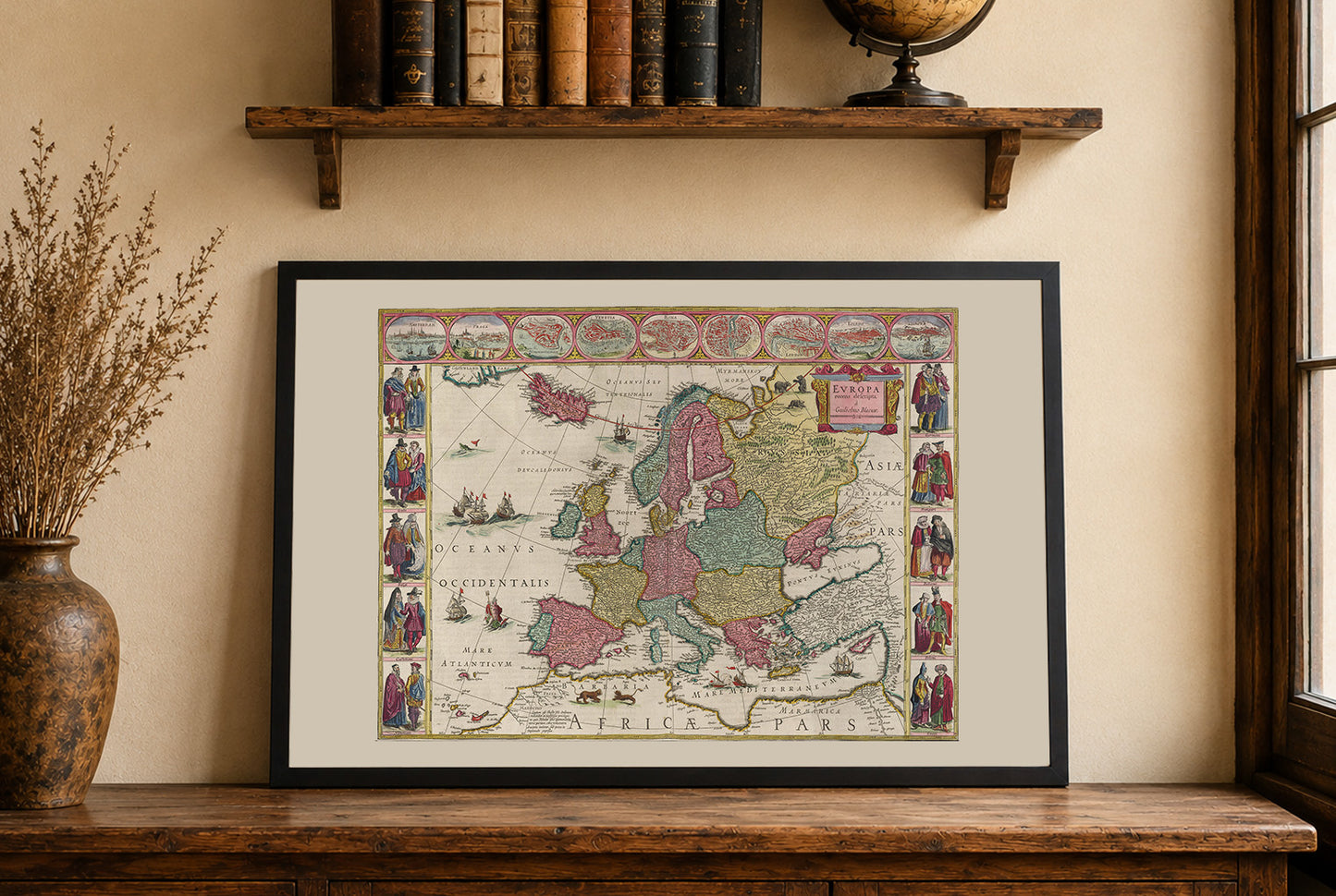 Europa 1665 - Historische kaart met adellijke kostuums en grote steden