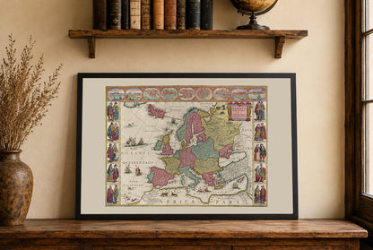 Europa 1665 - Historische kaart met adellijke kostuums en grote steden